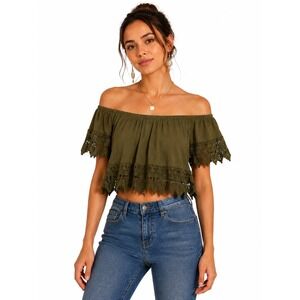 Charlotte Russe Off Shoulder Crop Blouse Crochet Lace Women M Olive Green Boho